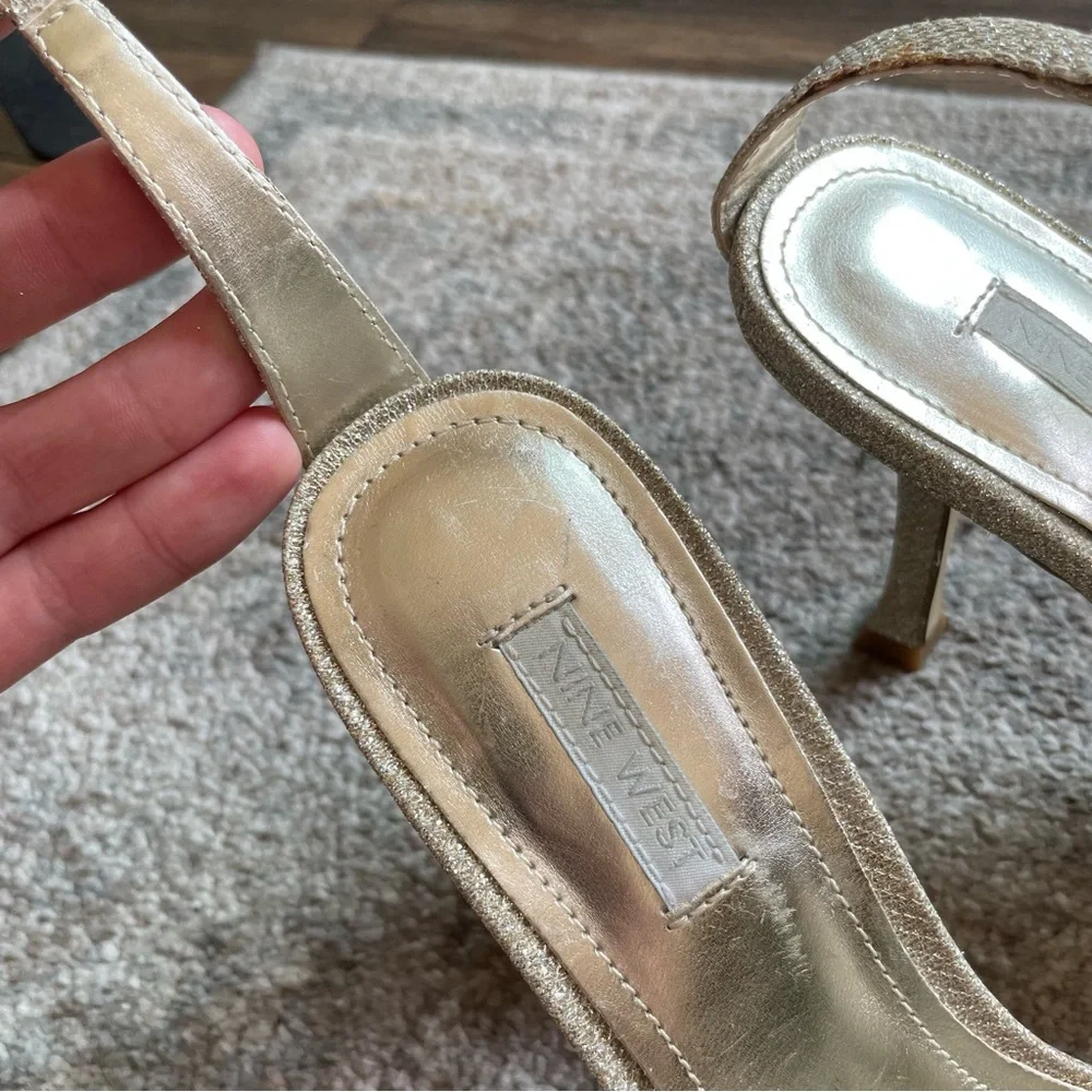 Vintage Nine West Gold Glitter Square Toe Ankle Strap Nudist Prom Wedding Heel 8
